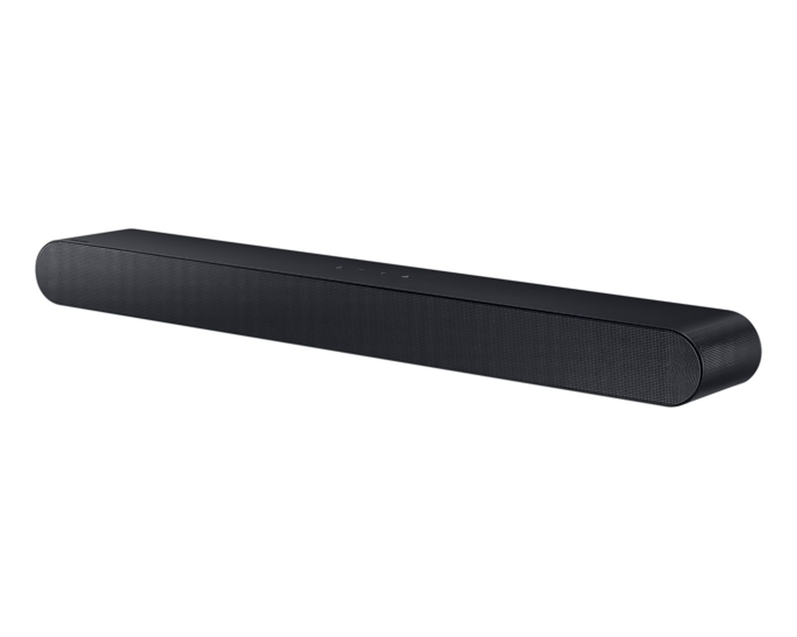 Una soundbar nera e lunga con bordi arrotondati e griglia anteriore su sfondo bianco.