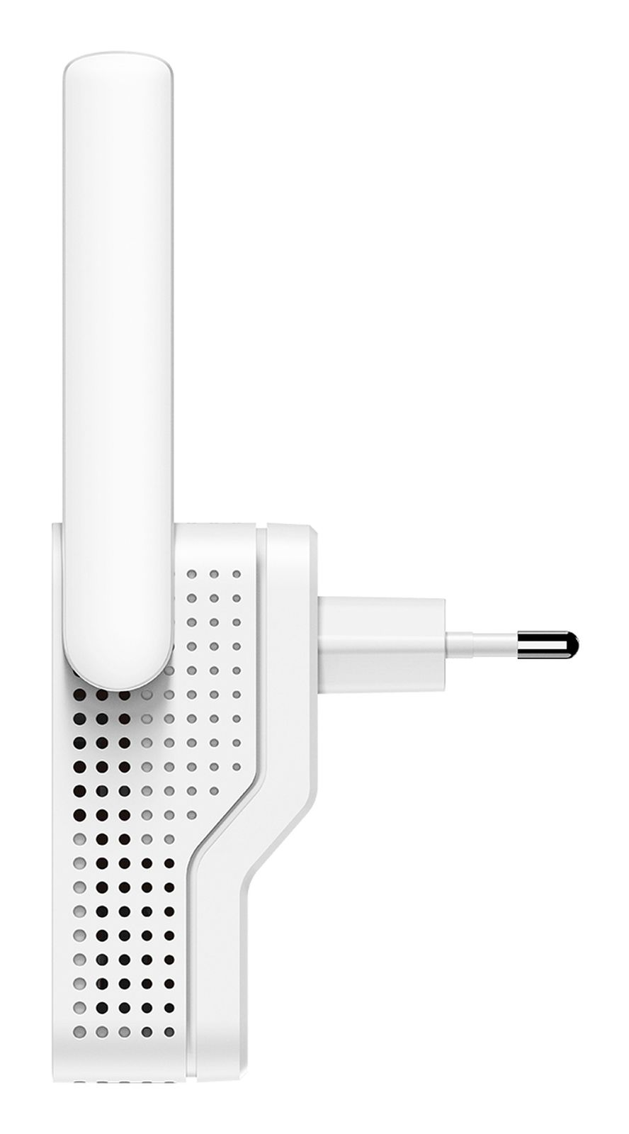 Un repetidor Wi-Fi blanco con una antena y un enchufe sobre fondo blanco.