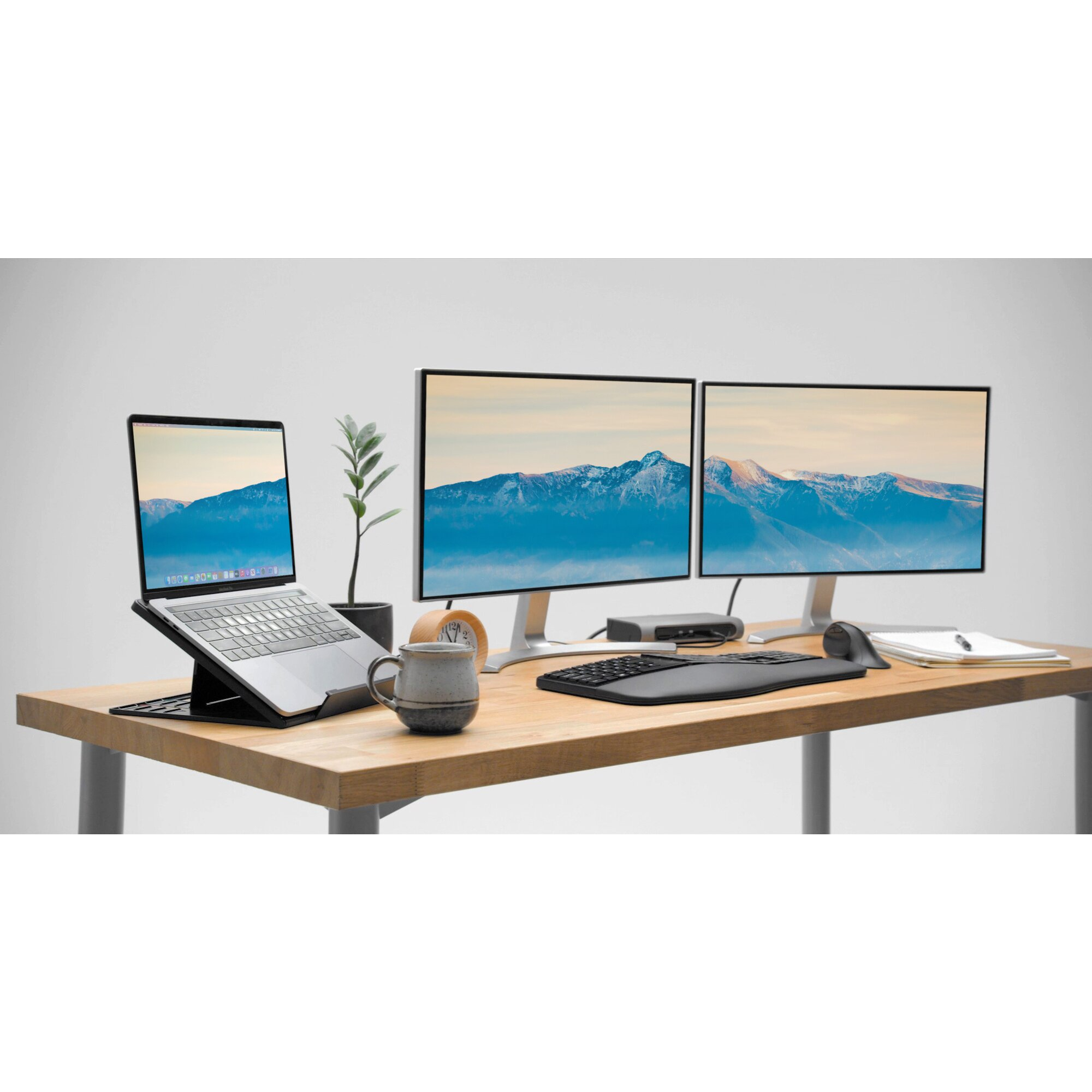 Un escritorio de madera con una laptop, dos monitores, una taza de café, una planta y accesorios sobre fondo blanco.