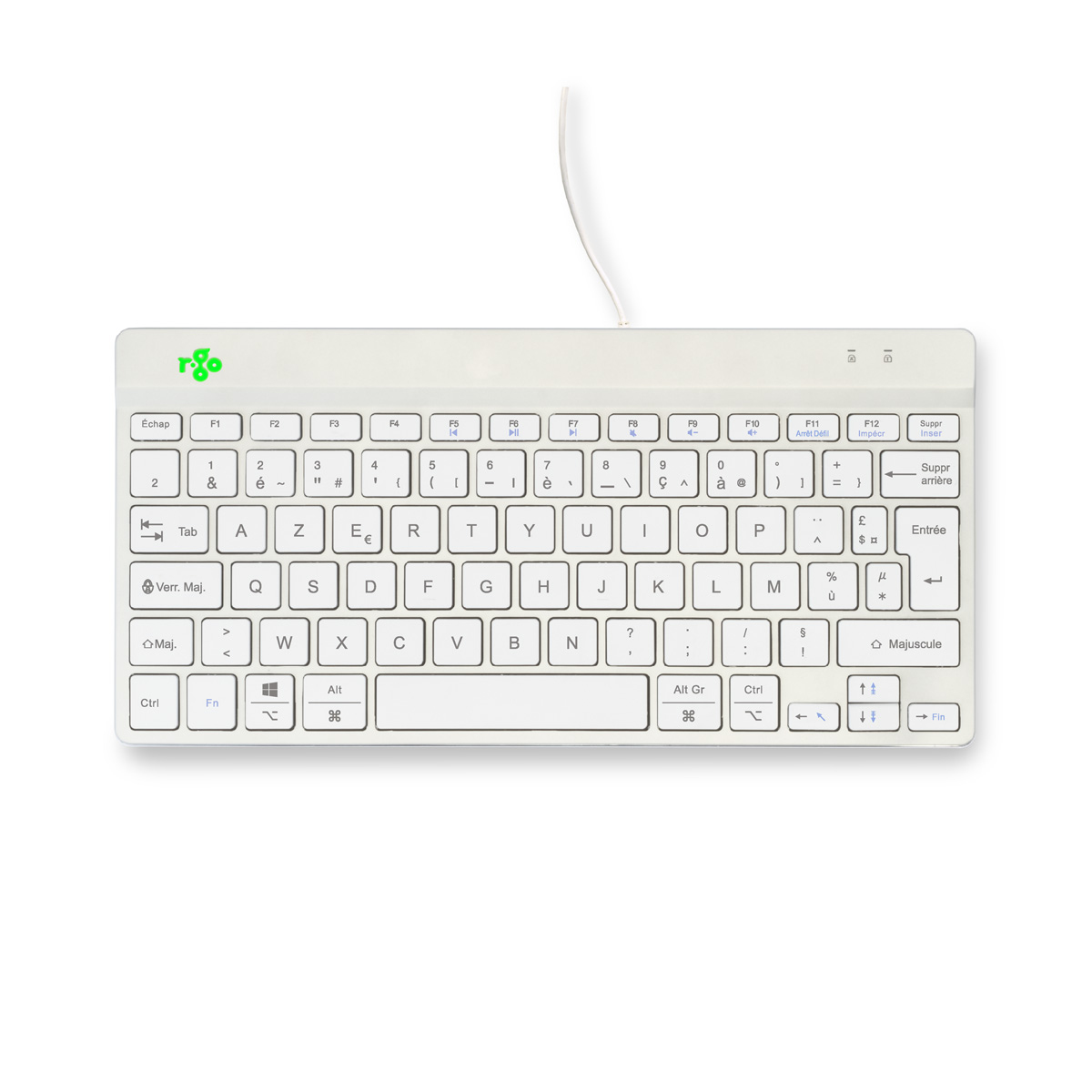 Un teclado AZERTY ergonómico blanco con conexión por cable sobre fondo blanco.