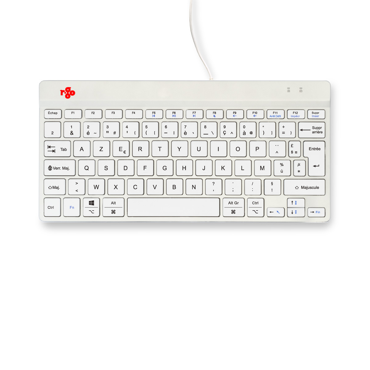Un teclado AZERTY blanco con cable sobre un fondo claro.