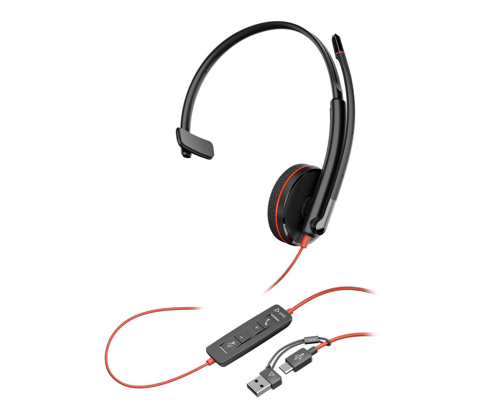 Un auricular supraaural negro con un cable rojo, control en línea y conectores USB-A y USB-C.