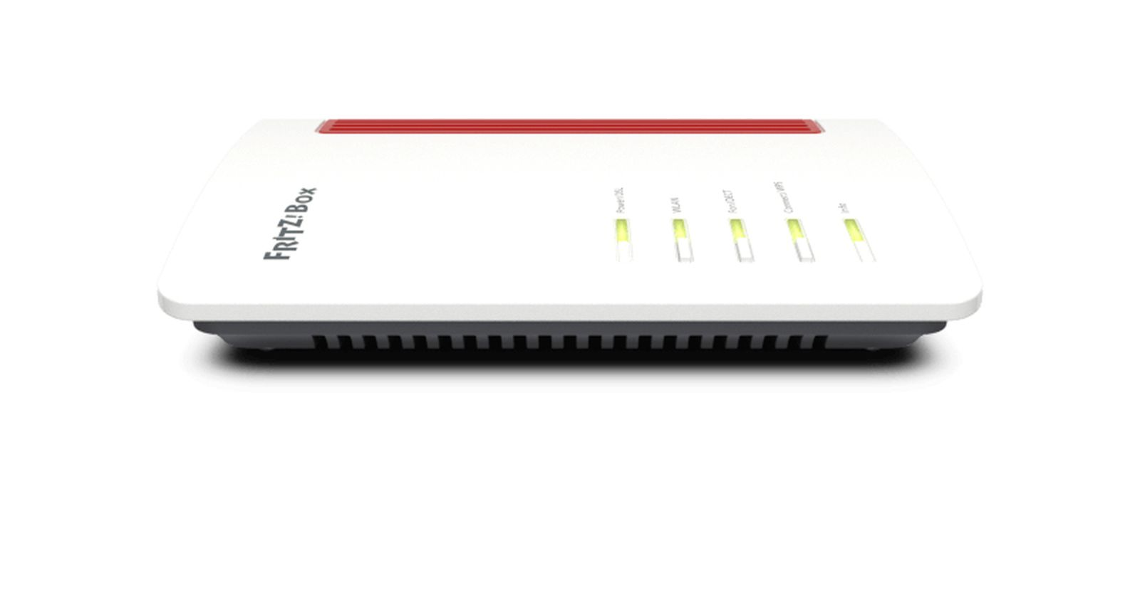 Biały router FRITZ!Box z czerwonymi akcentami i zielonymi diodami LED na białym tle.