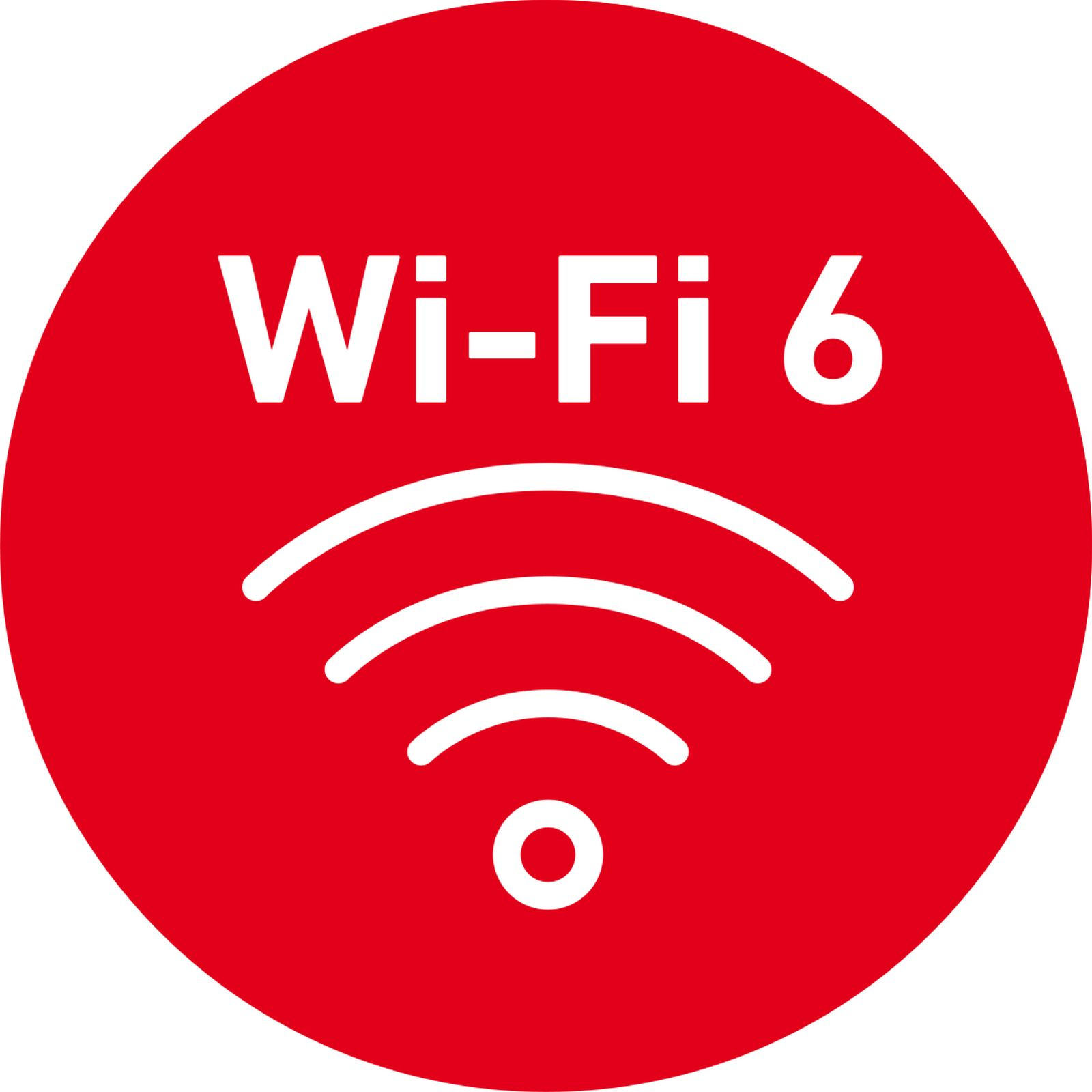 Czerwone koło z białym napisem Wi-Fi 6 i symbolem sieci bezprzewodowej.