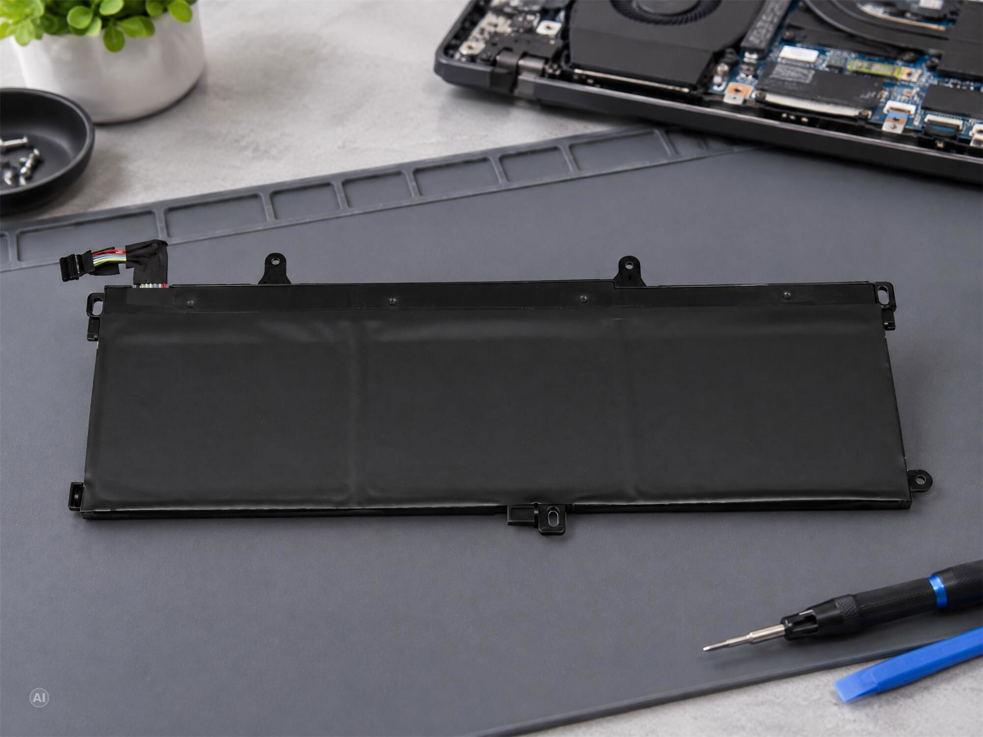 Ein schwarzer Laptop-Akku auf einer grauen Matte, umgeben von Werkzeugen und einem Laptopgehäuse.