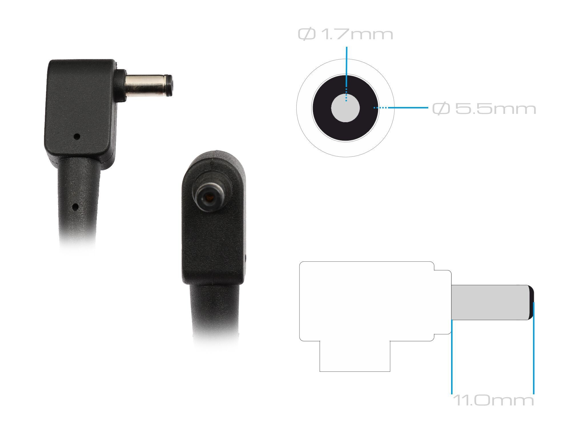 Diagramm zeigt einen DC-Netzstecker mit 5,5 mm Außendurchmesser und 1,7 mm Innendurchmesser.