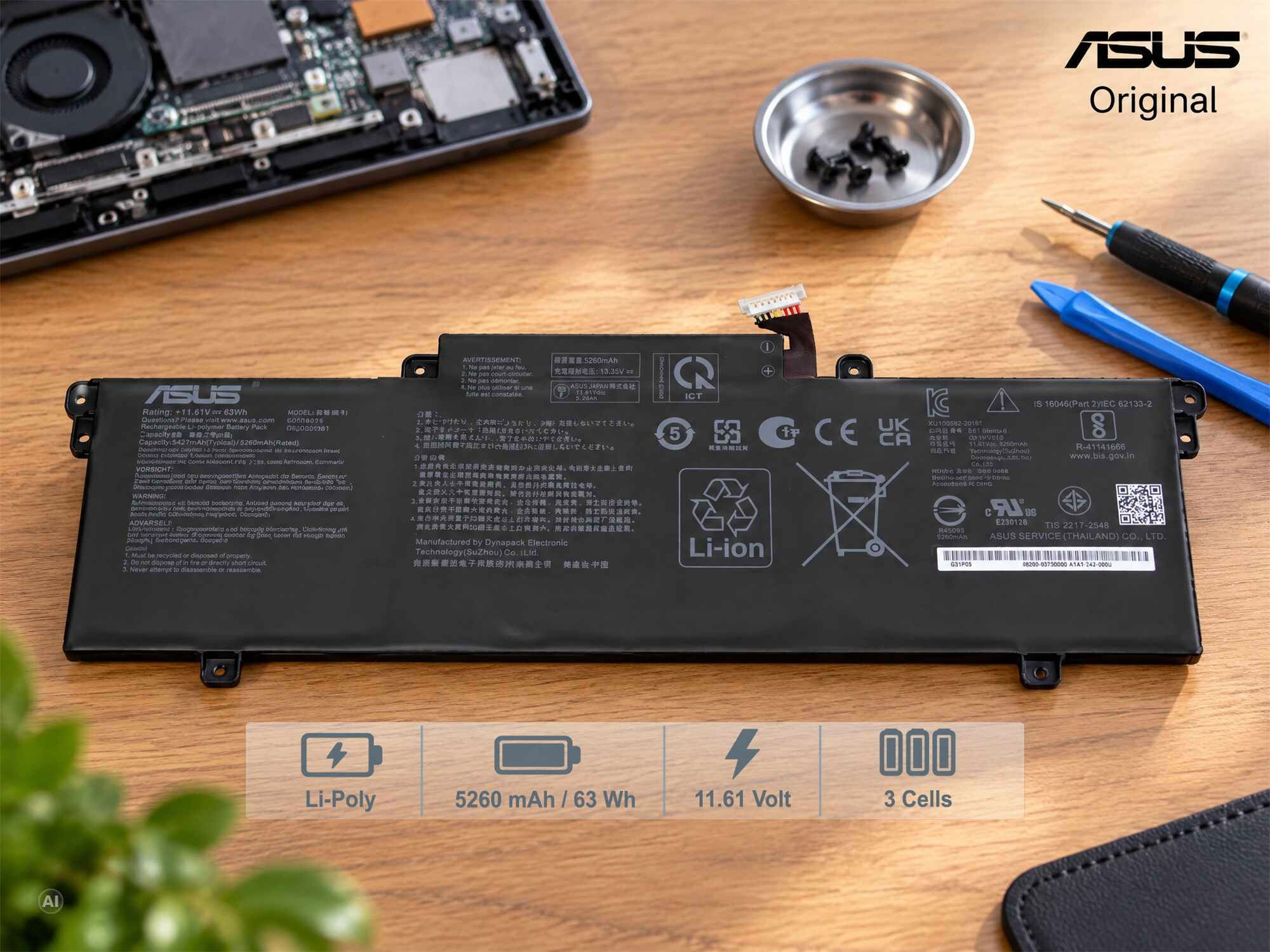Ein originaler Asus Laptop-Akku liegt auf einer Holzoberfläche mit Werkzeugen.
