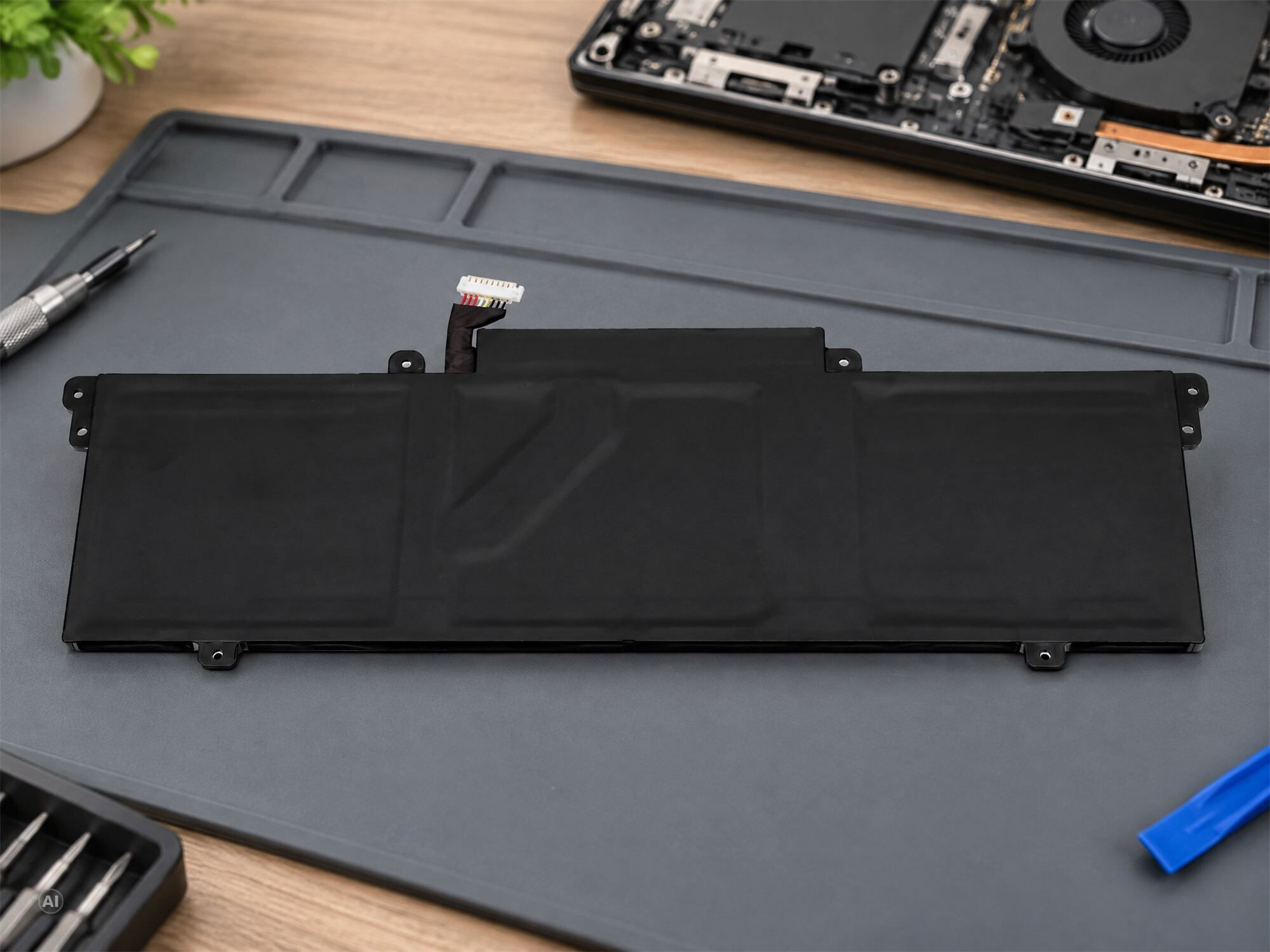 Ein schwarzer Laptop-Akku auf einer grauen Matte, umgeben von Werkzeugen und Laptopteilen.