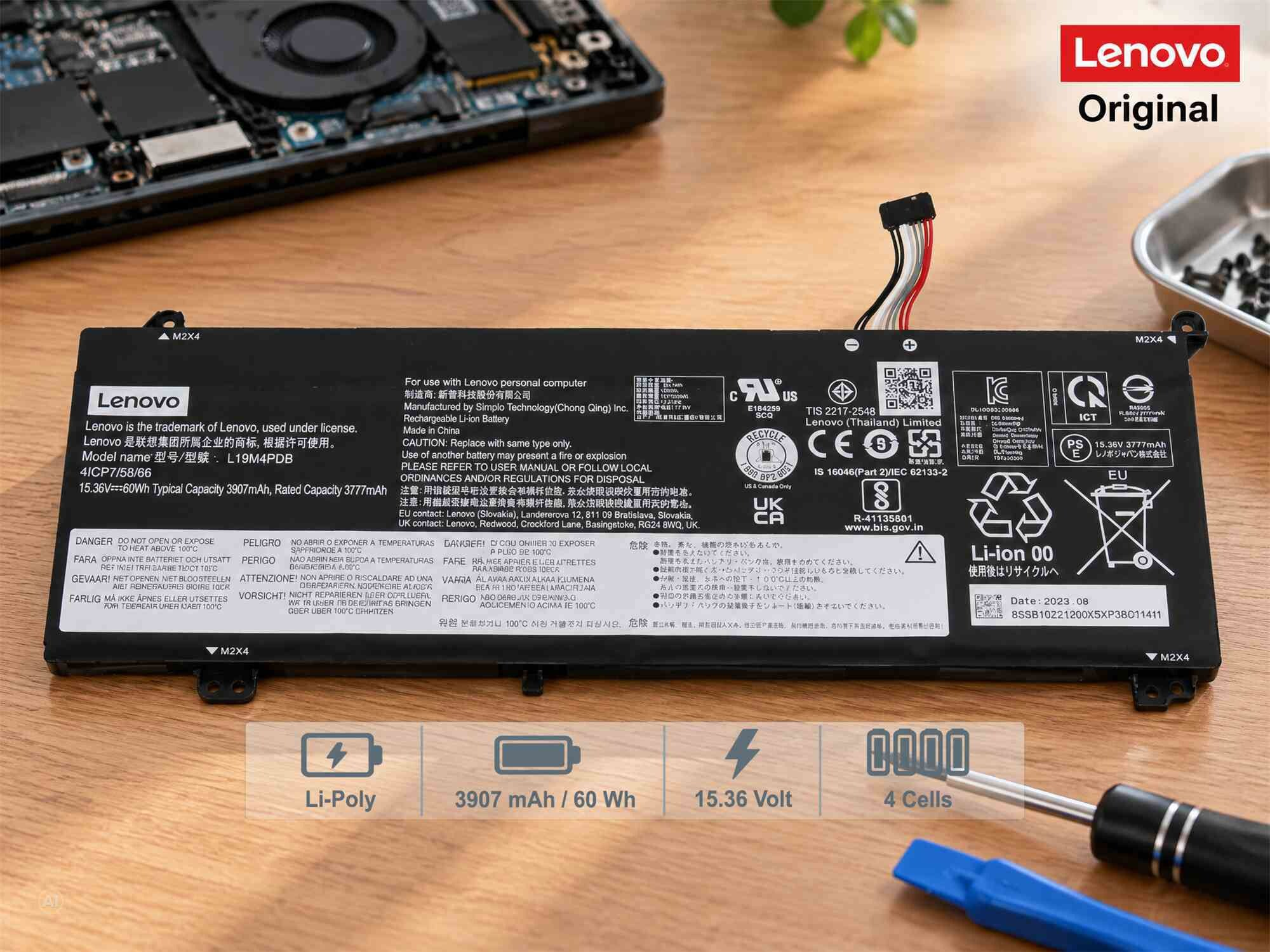 Lenovo Laptop-Akku mit technischen Daten, Warnhinweisen und CE-Kennzeichnung auf schwarzem Untergrund.
