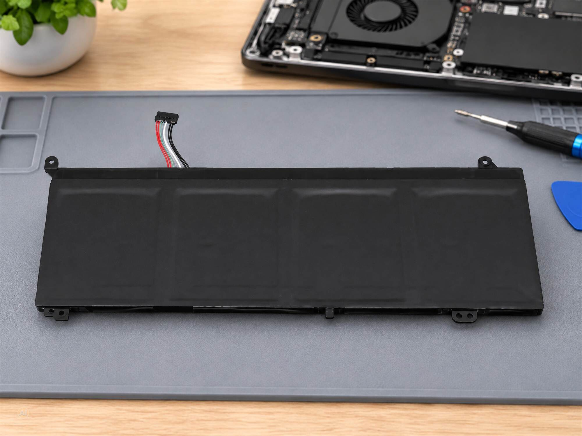 Ein schwarzer Laptop-Akku liegt auf einer grauen Matte neben Laptop-Teilen, Werkzeugen und einer Topfpflanze.
