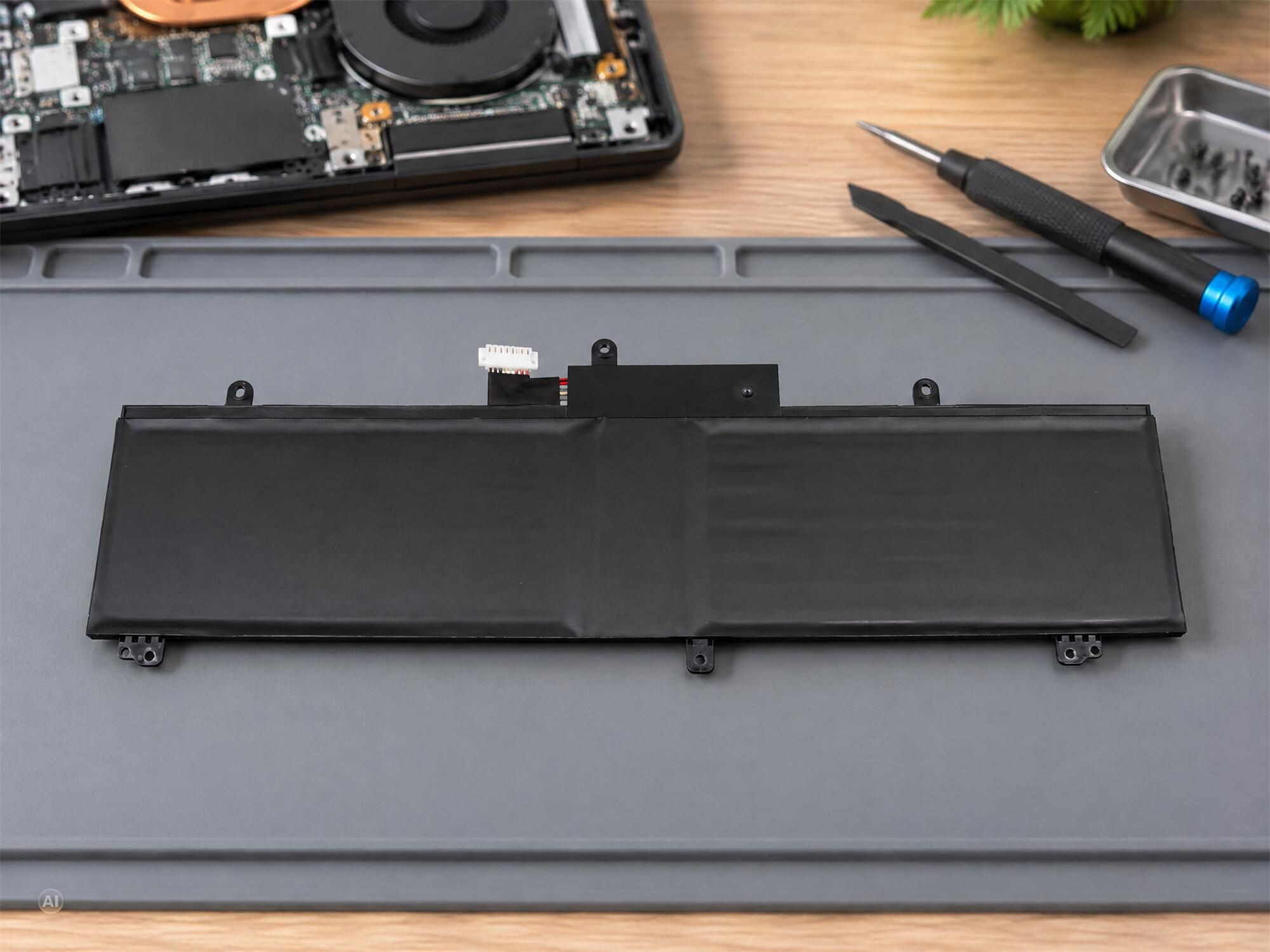 Ein schwarzer Laptop-Akku auf einer grauen Reparaturmatte, mit Werkzeugen im Hintergrund.