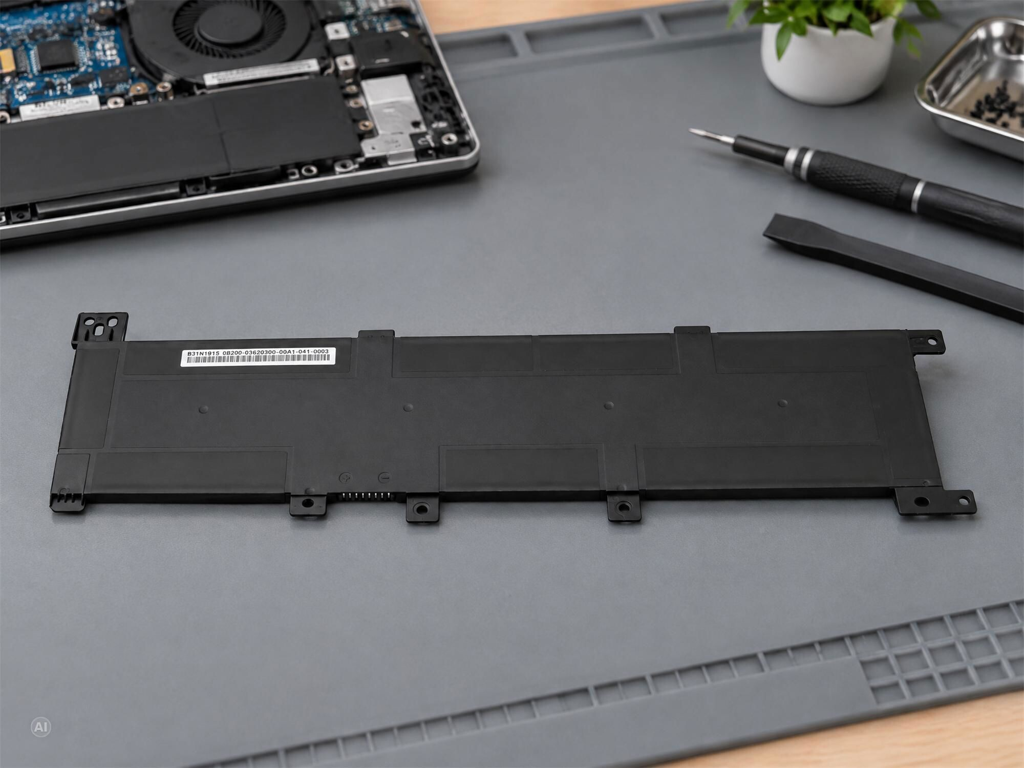 Ein schwarzer Laptop-Akku auf einer grauen Reparaturmatte mit Werkzeugen und Laptopteilen.