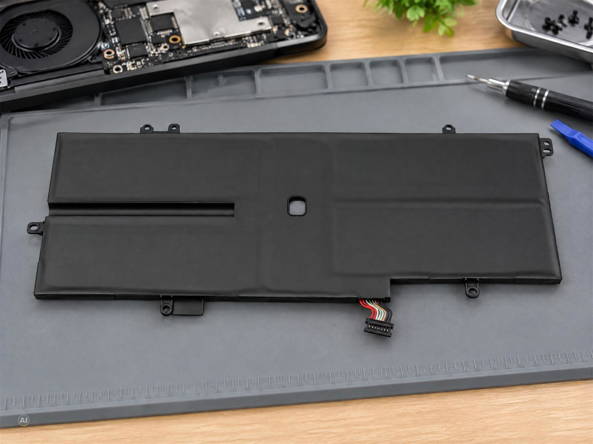 Ein schwarzer Laptop-Akku auf einer Reparaturmatte mit Werkzeugen und einem zerlegten Laptop im Hintergrund.