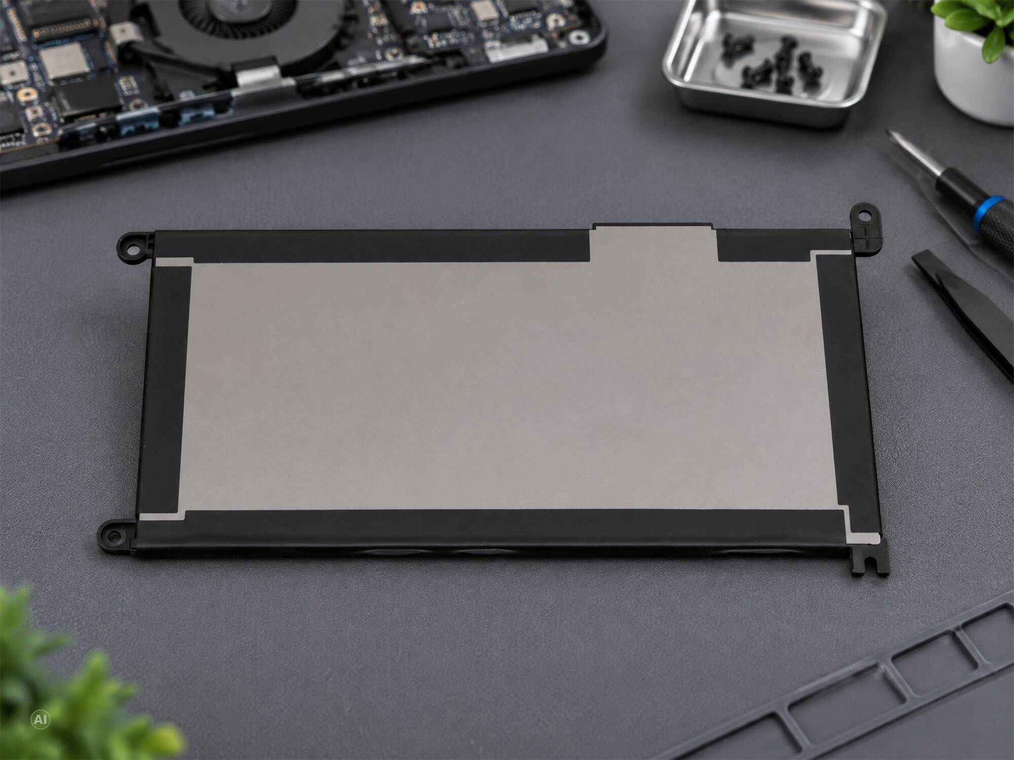 Ein flacher, schwarzer Laptop-Akku liegt auf einem grauen Tisch, umgeben von Werkzeugen und Laptopteilen.