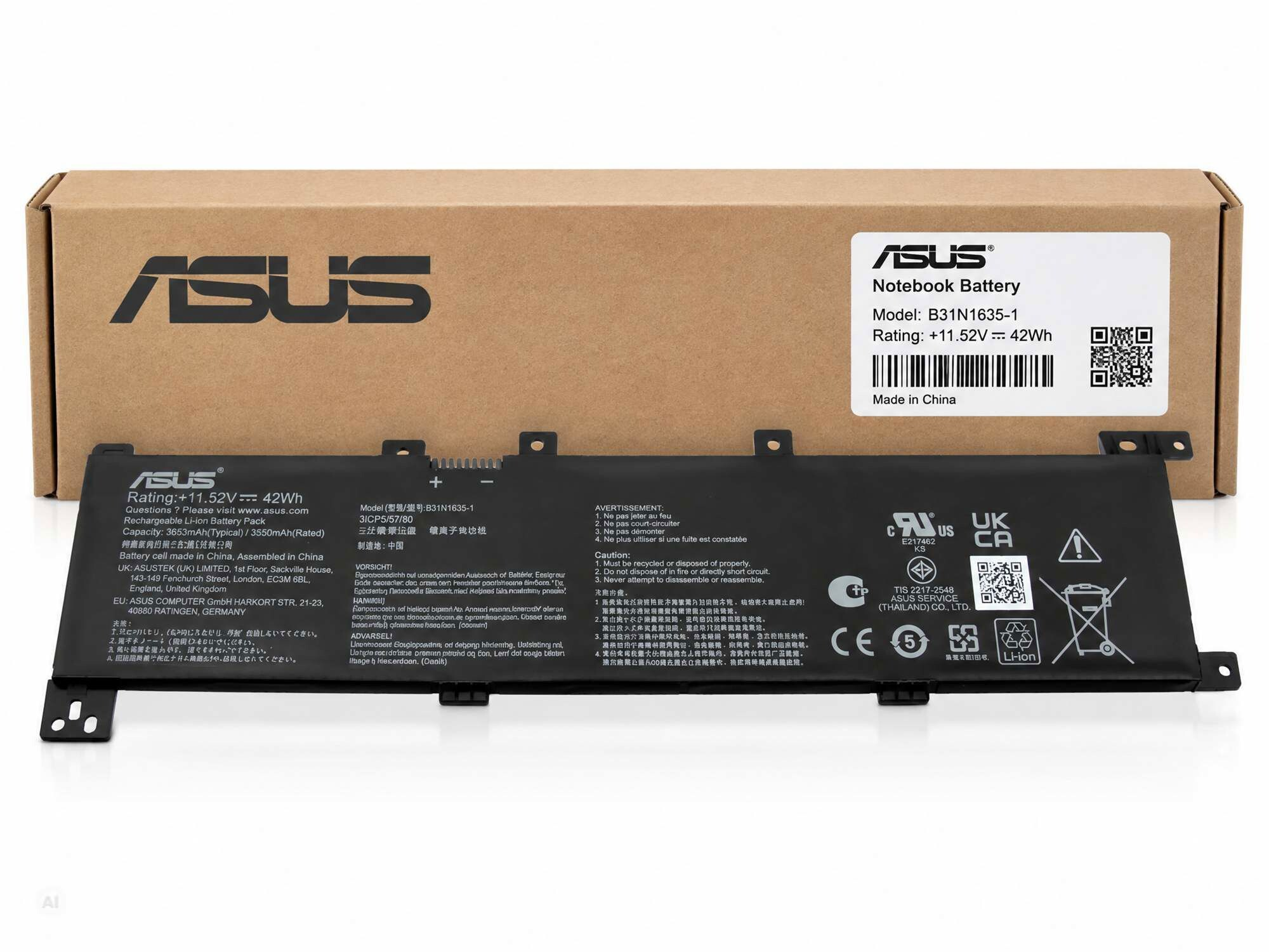 Ein ASUS Notebook-Akku liegt vor einer braunen Pappschachtel mit ASUS-Logo.