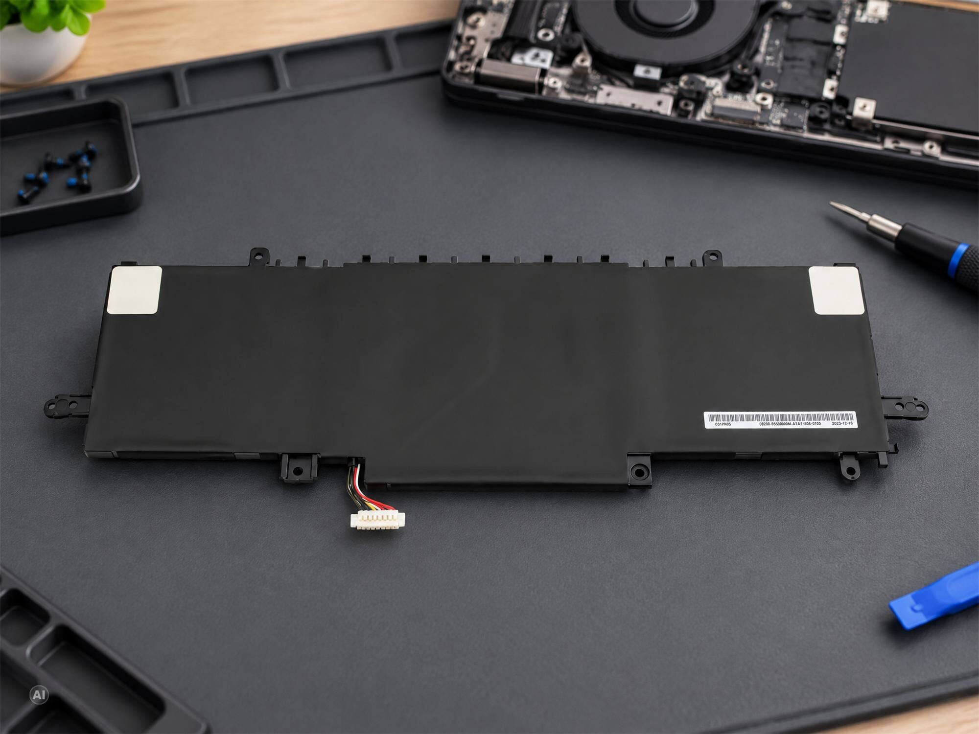 Ein schwarzer Laptop-Akku liegt auf einer grauen Reparaturmatte mit Werkzeugen und Laptop-Teilen.