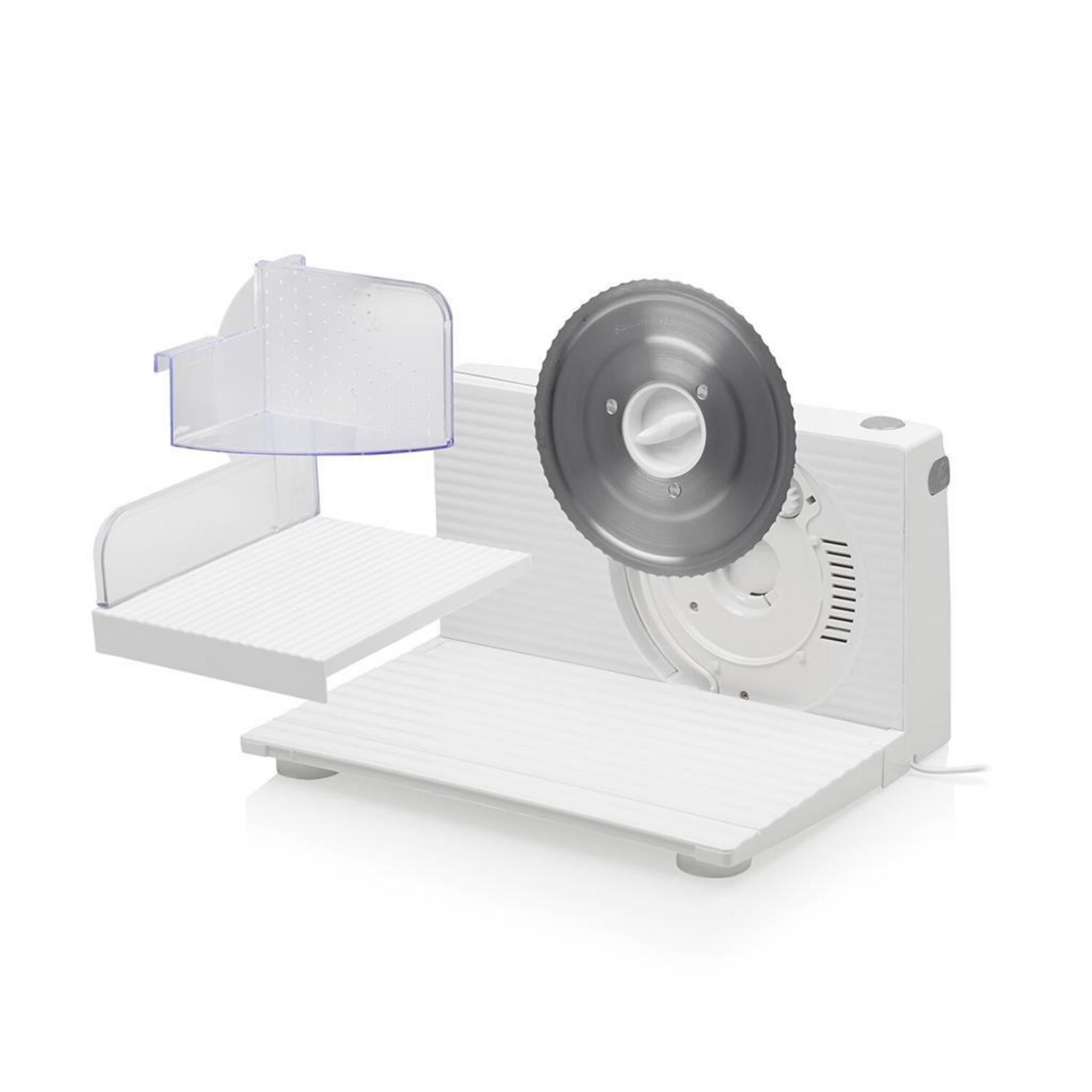 Una cortadora de alimentos eléctrica blanca con una hoja redonda de acero inoxidable.