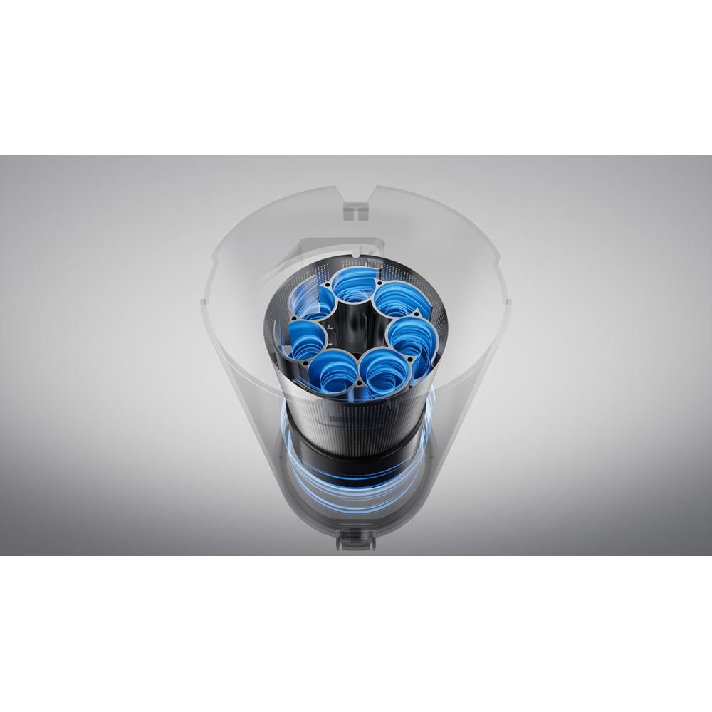 Contenitore per aspirapolvere trasparente con spirali cicloniche blu all'interno su sfondo grigio.