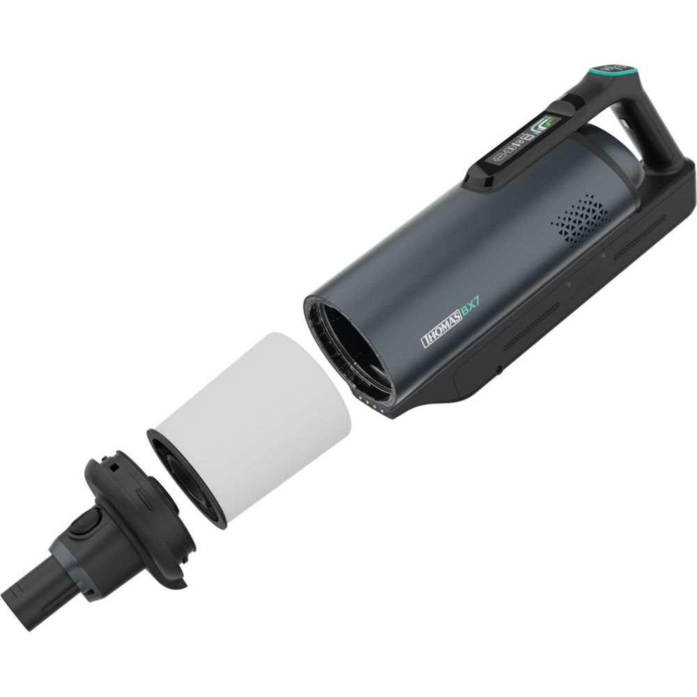 Un aspirapolvere portatile Thomas BX7 grigio scuro con filtro bianco e bocchetta staccati su sfondo bianco.