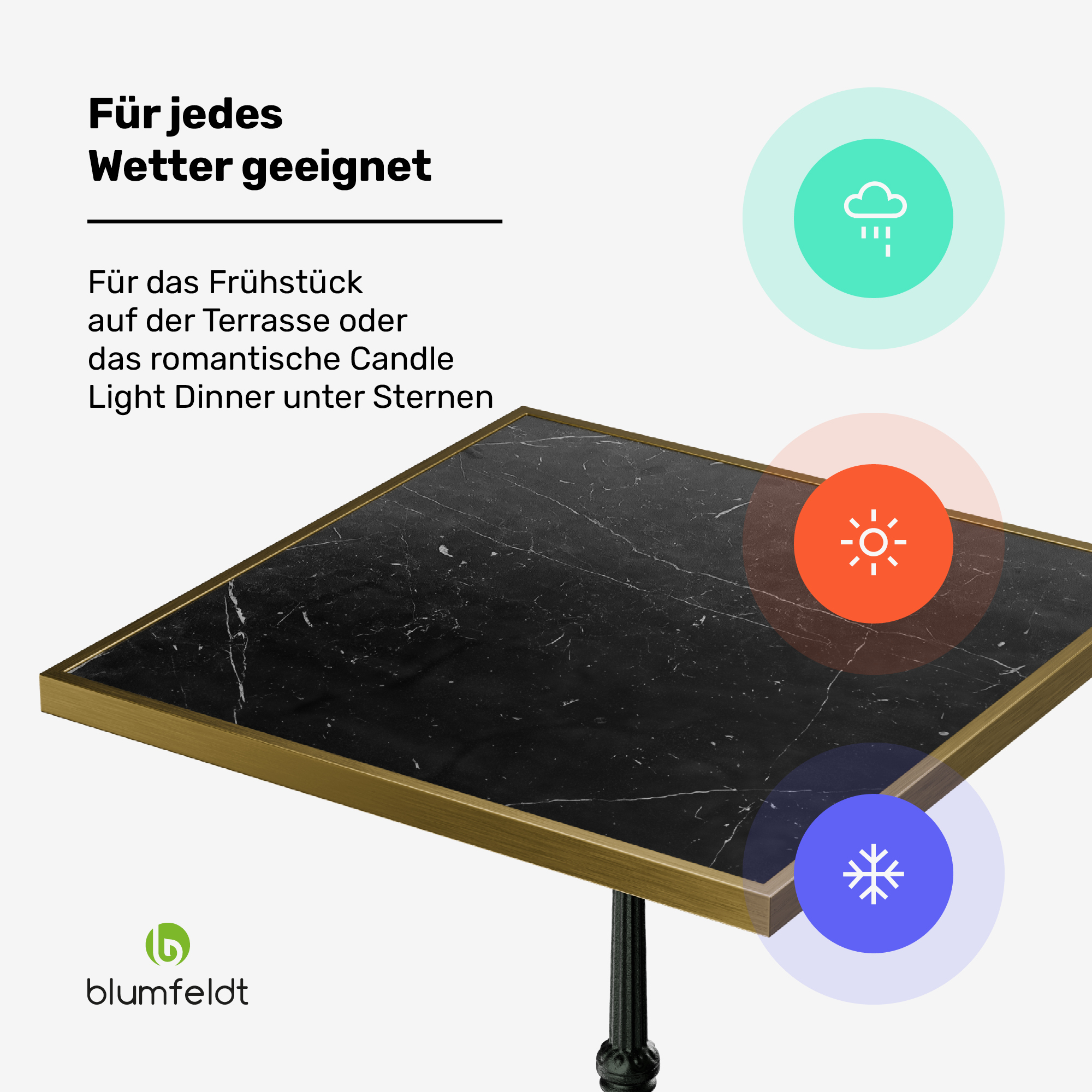 Wetterfester schwarzer Marmortisch mit goldenem Rahmen und Wetter-Icons für Regen, Sonne und Schnee.