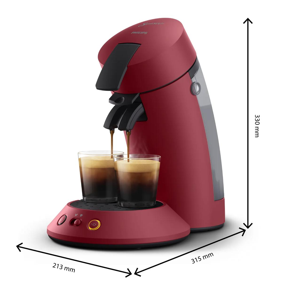 Una macchina da caffè rossa Philips Senseo versa il caffè in due bicchieri, con misure.