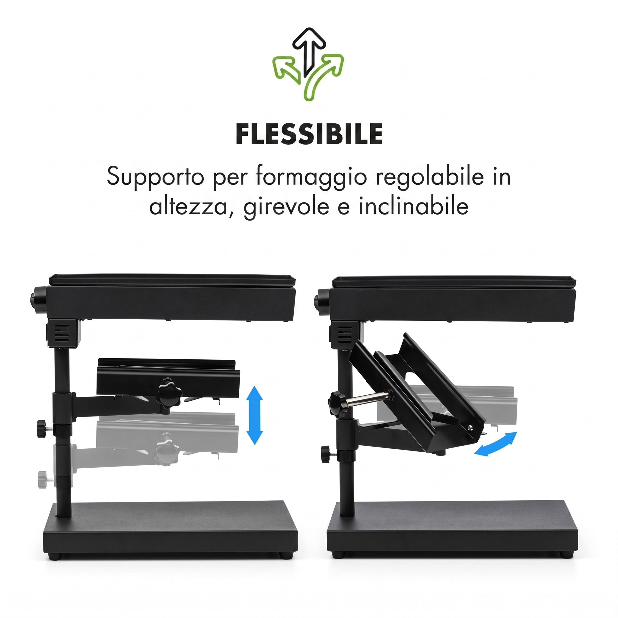 Verstellbare und neigbare schwarze Käsehalterung auf weißem Hintergrund mit italienischem Text.