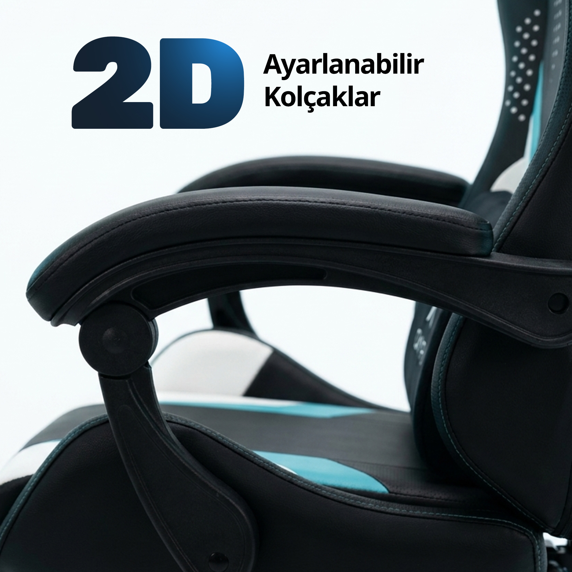 Siyah, beyaz ve mavi detaylı oyuncu koltuğunun 2D ayarlanabilir kolçağının yandan görünümü.