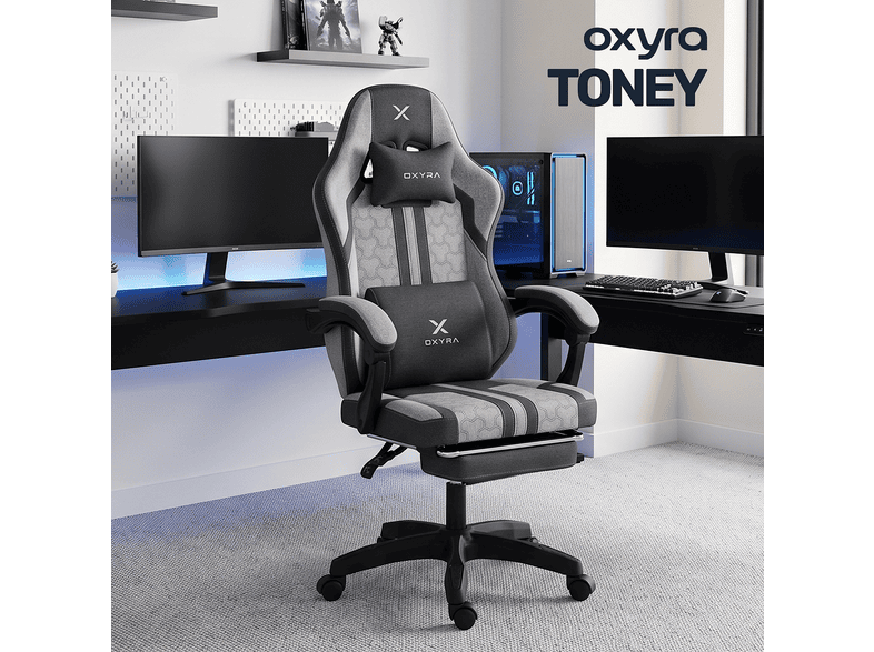 OXYRA Toney Premium Ergonomik Terletmez Kumaş Ayak Destekli Oyuncu Koltuğu Gri