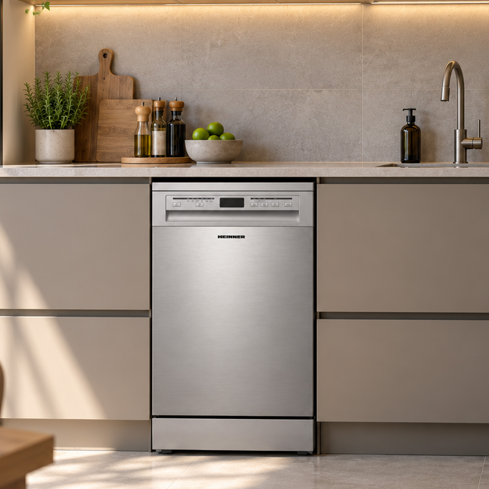 Edelstahl-Spülmaschine eingebaut in moderne Küche mit beigen Schränken, Kräutern und Spüle auf der Arbeitsplatte.