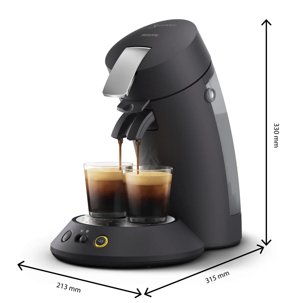Cafetera negra Philips Senseo con dos vasos, dimensiones: 330 mm alto, 315 mm largo, 213 mm ancho.