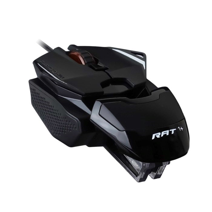 Beyaz arka planda açılı, modüler tasarıma sahip siyah bir Mad Catz R.A.T. 1+ kablolu oyuncu faresi.