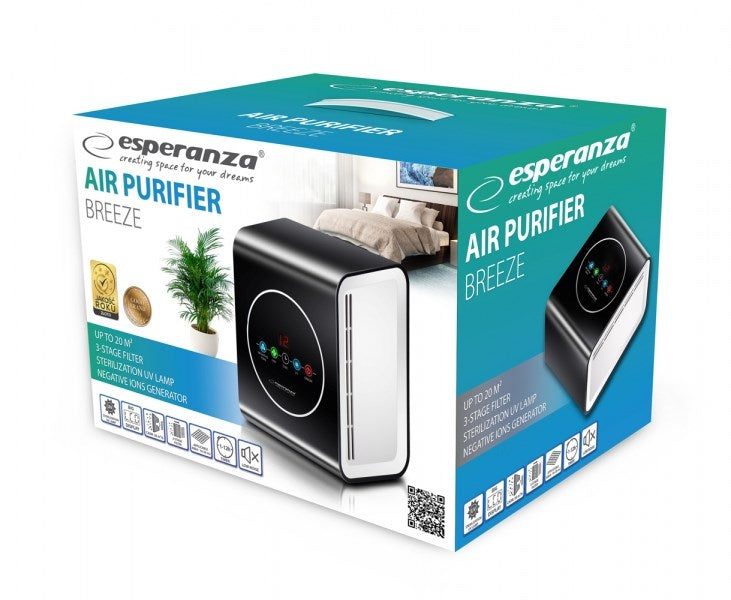 Embalaje de un purificador de aire negro Esperanza Breeze, con características y una imagen de dormitorio al fondo.