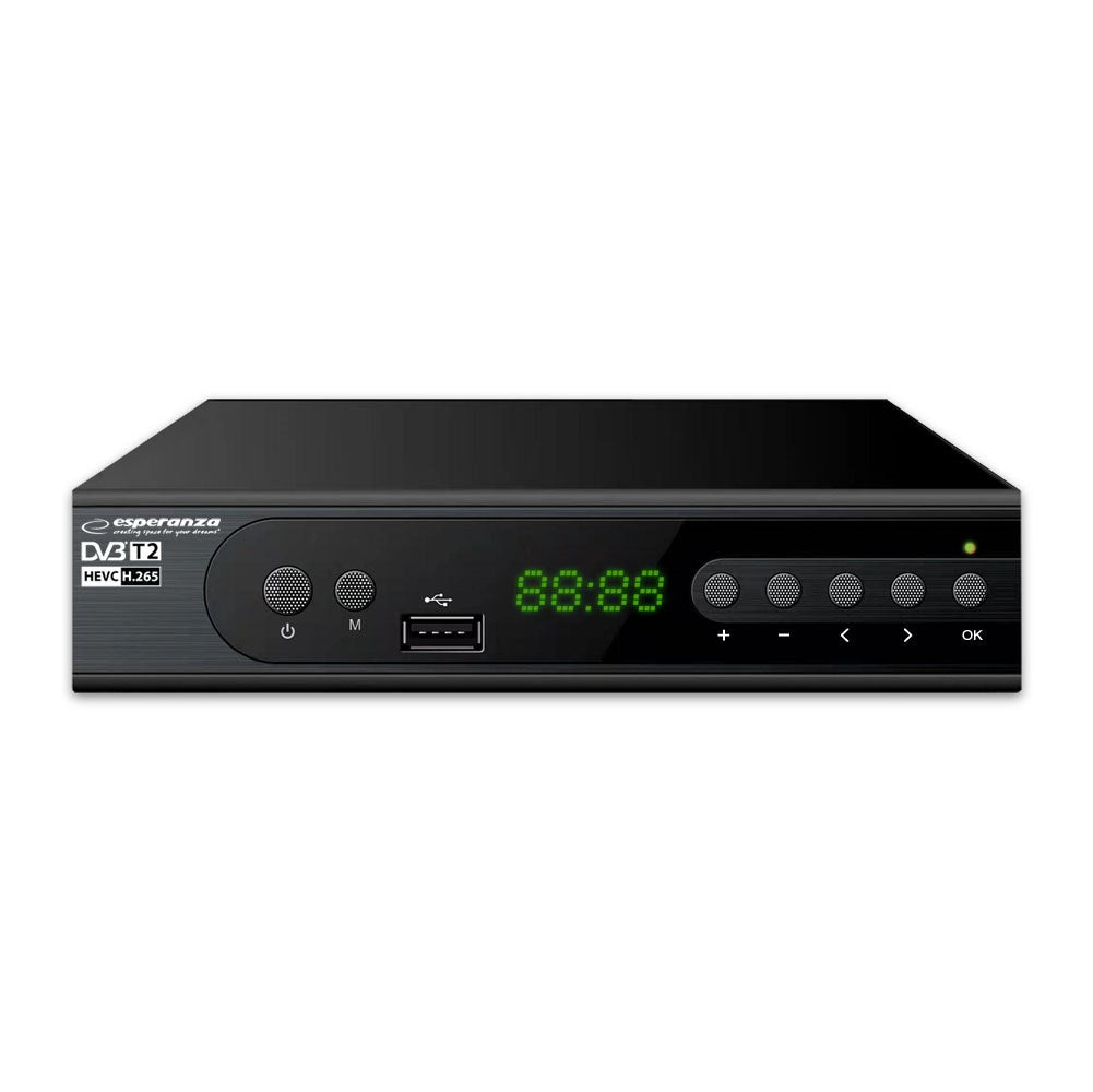 Eine schwarze DVB-T2-Set-Top-Box mit Digitaldisplay, USB-Anschluss und Bedientasten vorne.