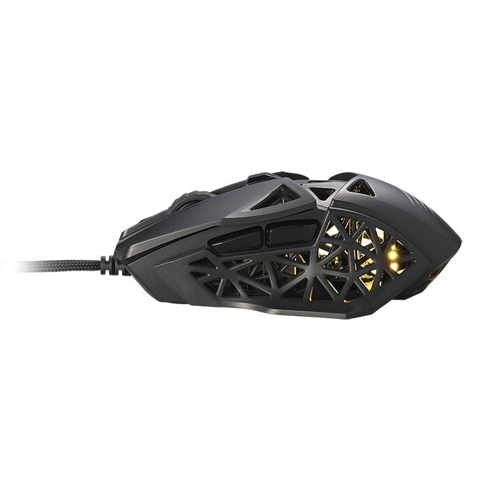 Eine schwarze kabelgebundene Gaming-Maus mit offenem geometrischem Wabenmuster und warmer gelber Innenbeleuchtung.