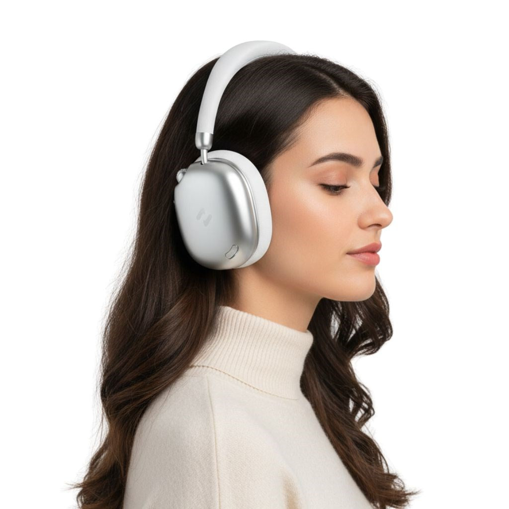 Una donna castana con cuffie bianche e maglione beige su sfondo bianco.
