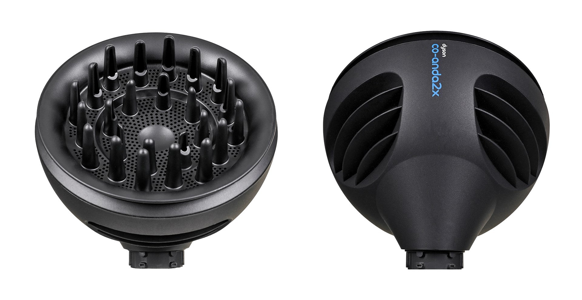 Due viste di un diffusore per asciugacapelli Dyson nero, che mostra l'interno con punte e il rivestimento esterno.