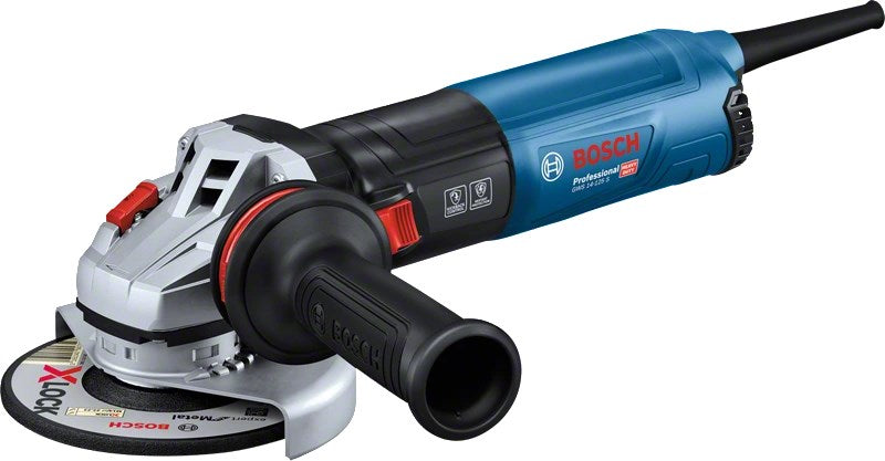 X-Lock bıçaklı ve siyah yan saplı mavi ve siyah renkli Bosch avuç taşlama makinesi.