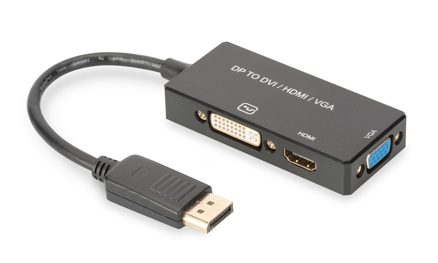 Ein schwarzer DP-zu-DVI-, HDMI- und VGA-Videoadapter mit DisplayPort-Kabel auf weißem Hintergrund.