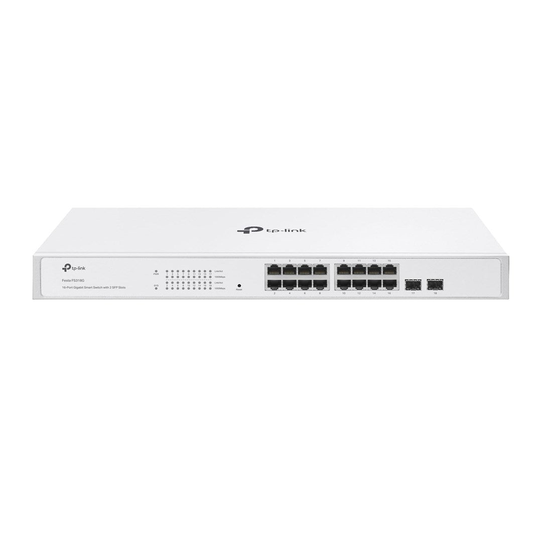 Un switch de red TP-Link blanco con múltiples puertos Ethernet e indicadores LED en el panel frontal.