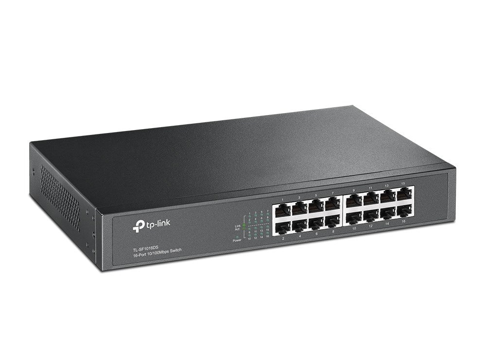 Un commutateur réseau gris Tp-Link à 16 ports avec des LED sur fond blanc.