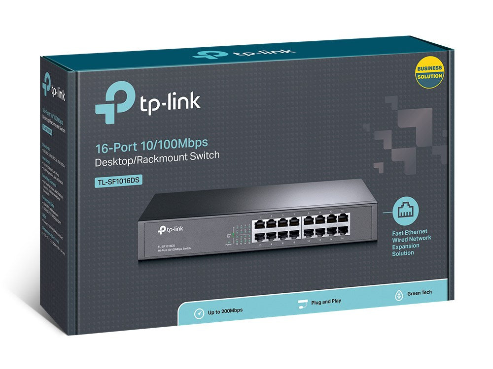 Commutateur de bureau/rackable 16 ports Tp-Link dans sa boîte grise et bleue.