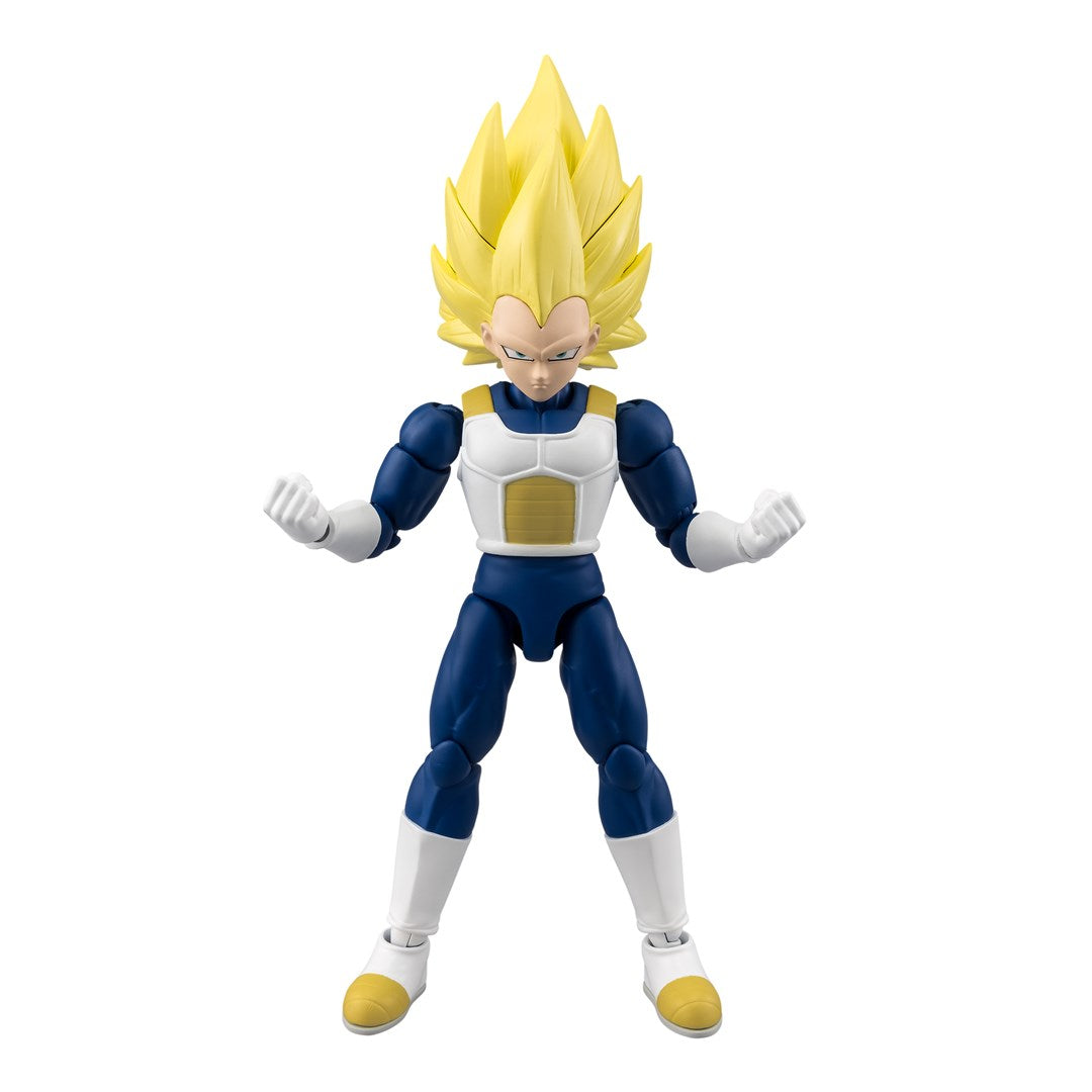 Figura de acción de Super Saiyan Vegeta con cabello rubio puntiagudo, armadura azul y blanca, puños cerrados.