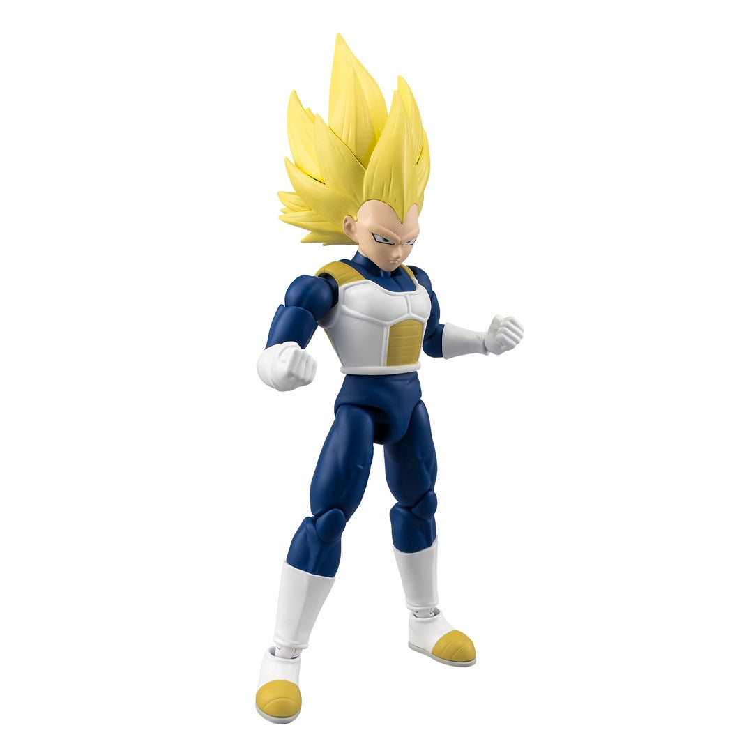 Una figura de acción de Super Saiyan Vegeta con cabello amarillo, armadura blanca y traje azul sobre fondo blanco.