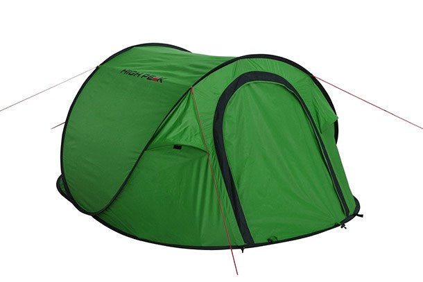 Ein grünes High Peak Pop-Up-Zelt mit schwarzen Rändern und roten Abspannseilen auf weißem Hintergrund.