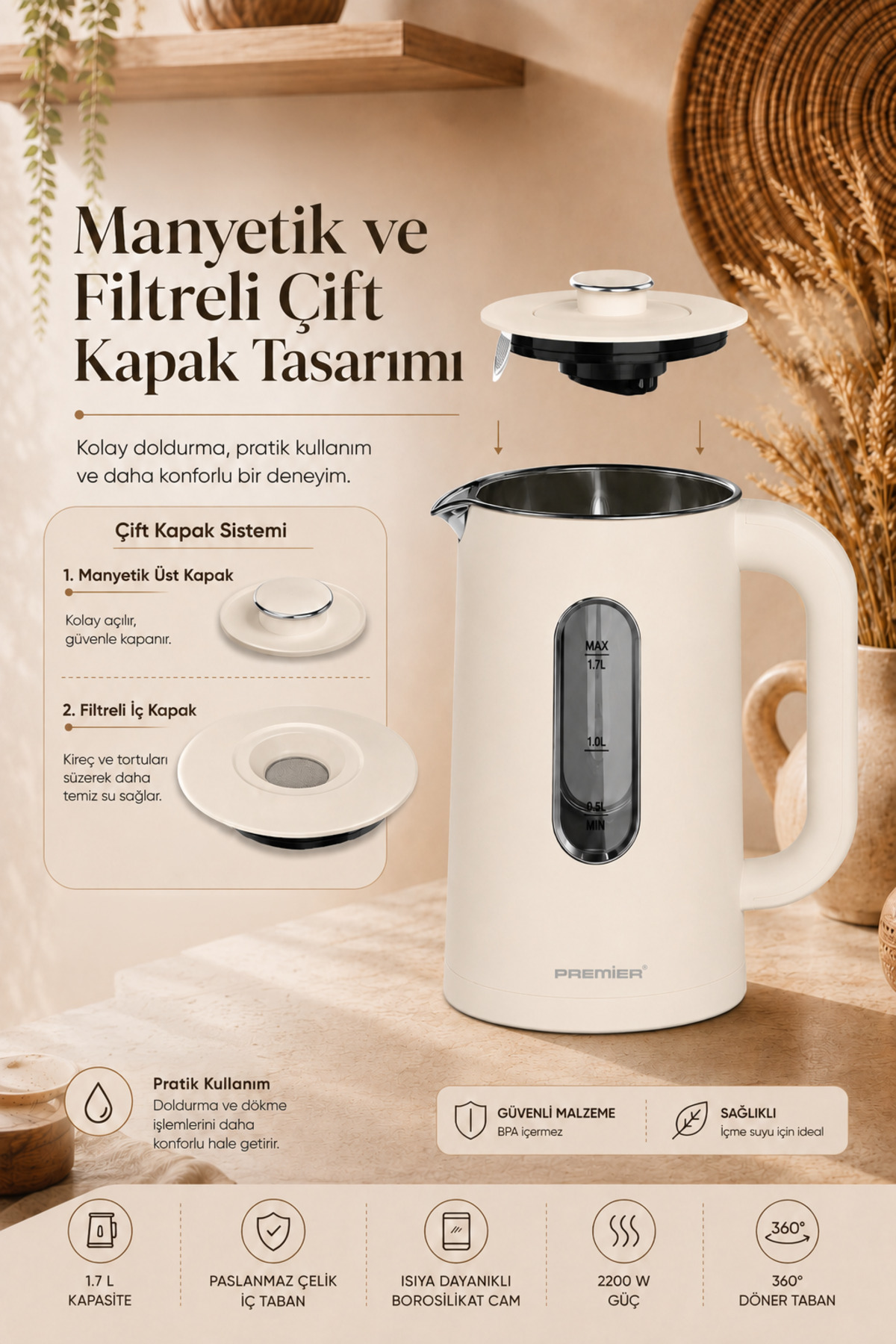 Ayrık kapaklı, su seviye göstergeli ve altta özellik ikonları bulunan bej elektrikli su ısıtıcısı.