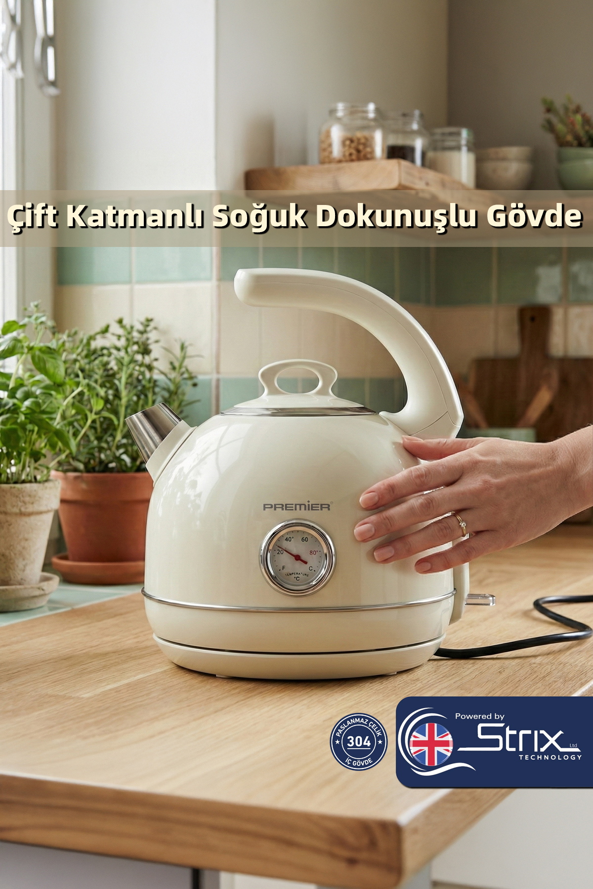 Termometreli krem renkli elektrikli su ısıtıcısı mutfaktaki ahşap tezgahın üzerinde duruyor.