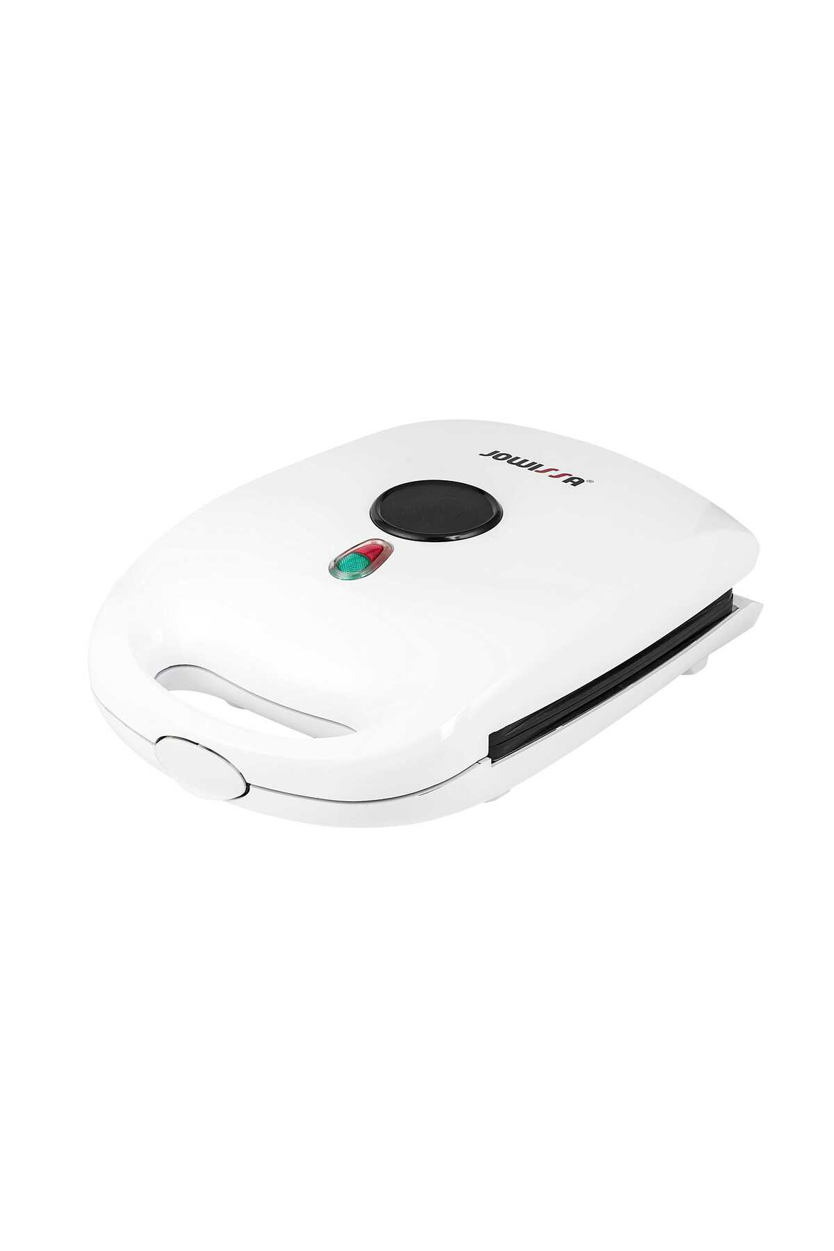 Beyaz zemin üzerinde siyah düğmeli ve kırmızı-yeşil gösterge ışıklı beyaz bir sandviç makinesi.