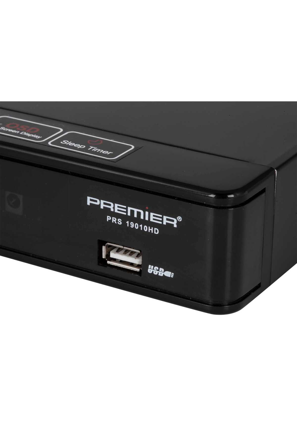 USB bağlantı noktasına sahip siyah Premier PRS 19010HD dijital alıcı.