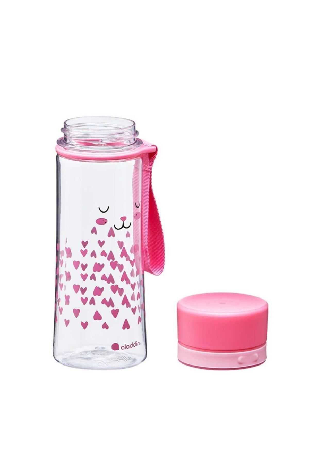 Pembe kalpli, kedi yüzlü, pembe askılı ve ayrı pembe kapaklı şeffaf matara.