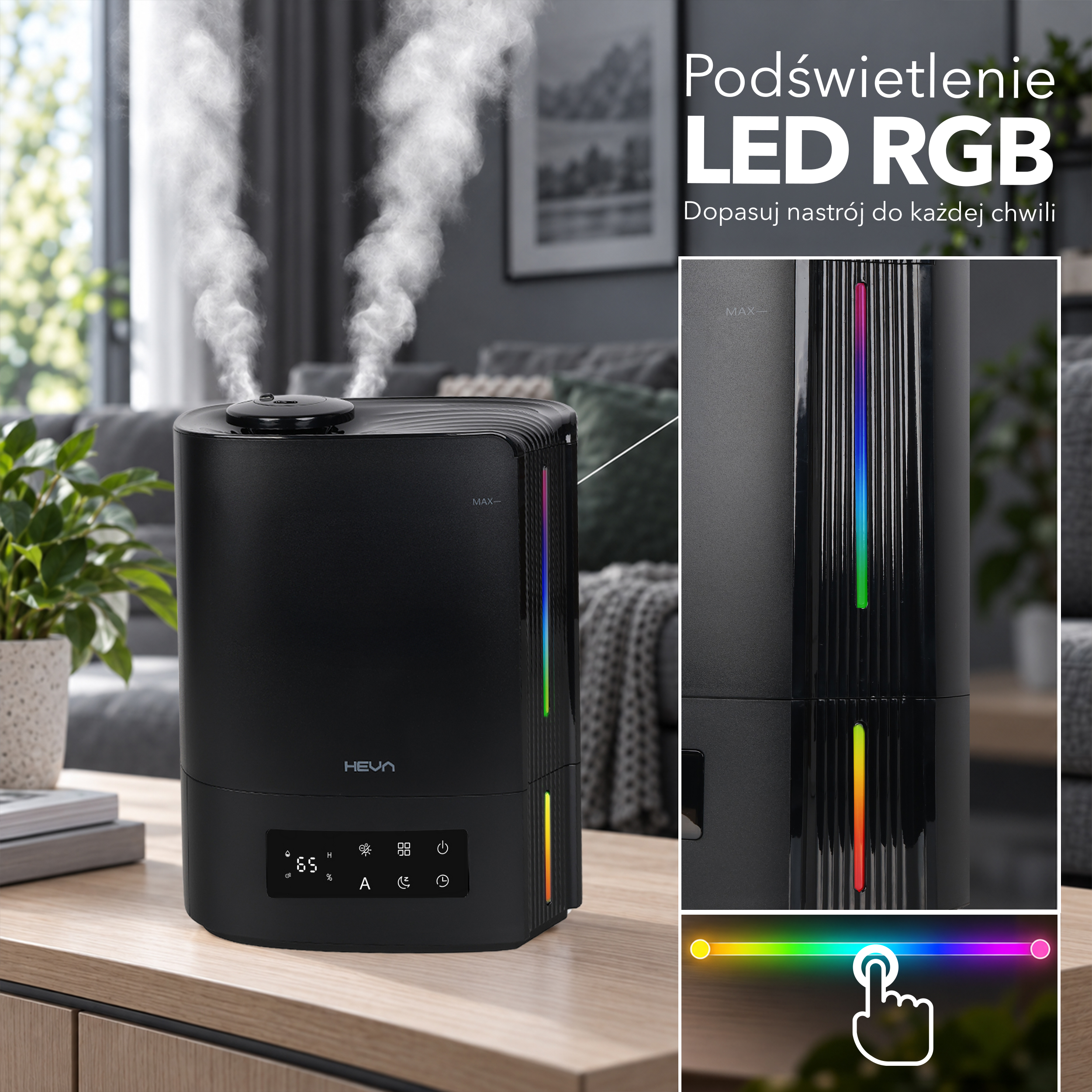 Czarny nawilżacz na drewnianym stole z oświetleniem LED RGB i unoszącą się parą w pokoju.